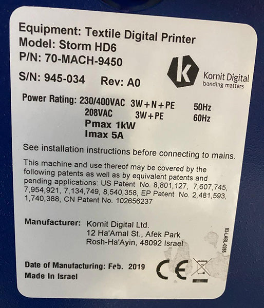 Used - Kornit Storm HD6 Direct to Garment Printer (Like New)